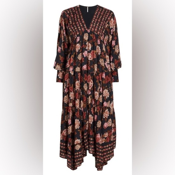 FREE PEOPLE Rows Of Roses Maxi Dress in Black Combo Red Pink Flowers Size Medium - Picture 2 of 13